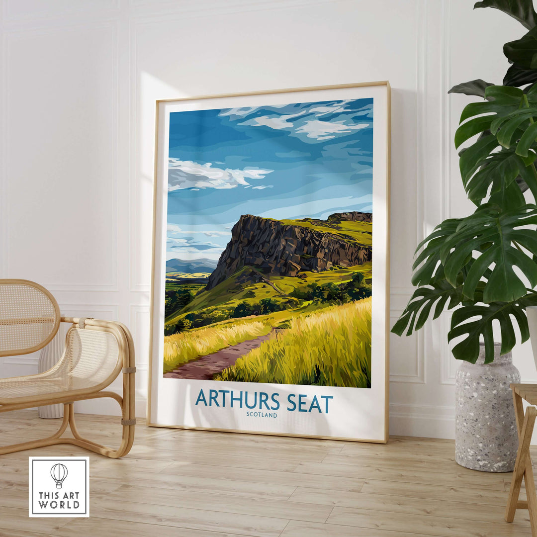 Arthurs Seat Scotland wall art print showcasing the iconic peak and lush landscapes in a stylish home setting.