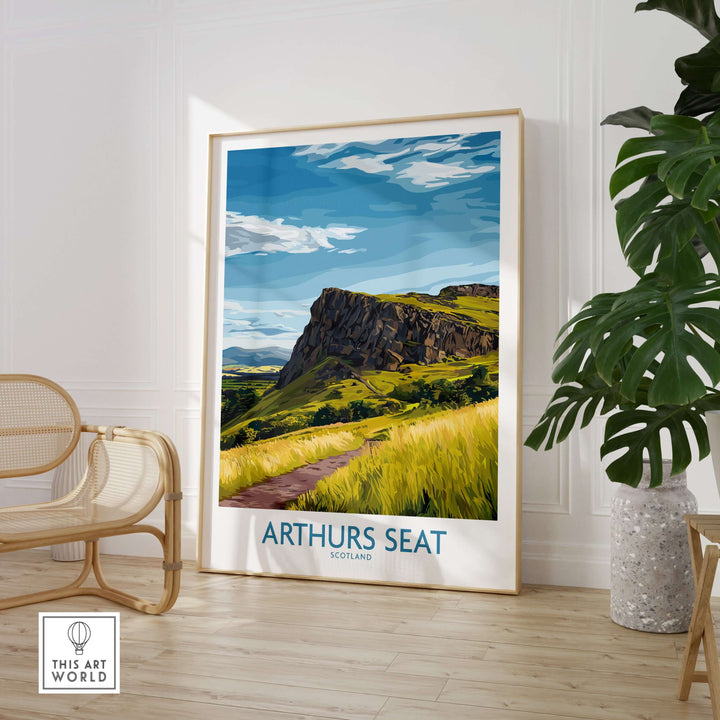 Arthurs Seat Scotland wall art print showcasing the iconic peak and lush landscapes in a stylish home setting.