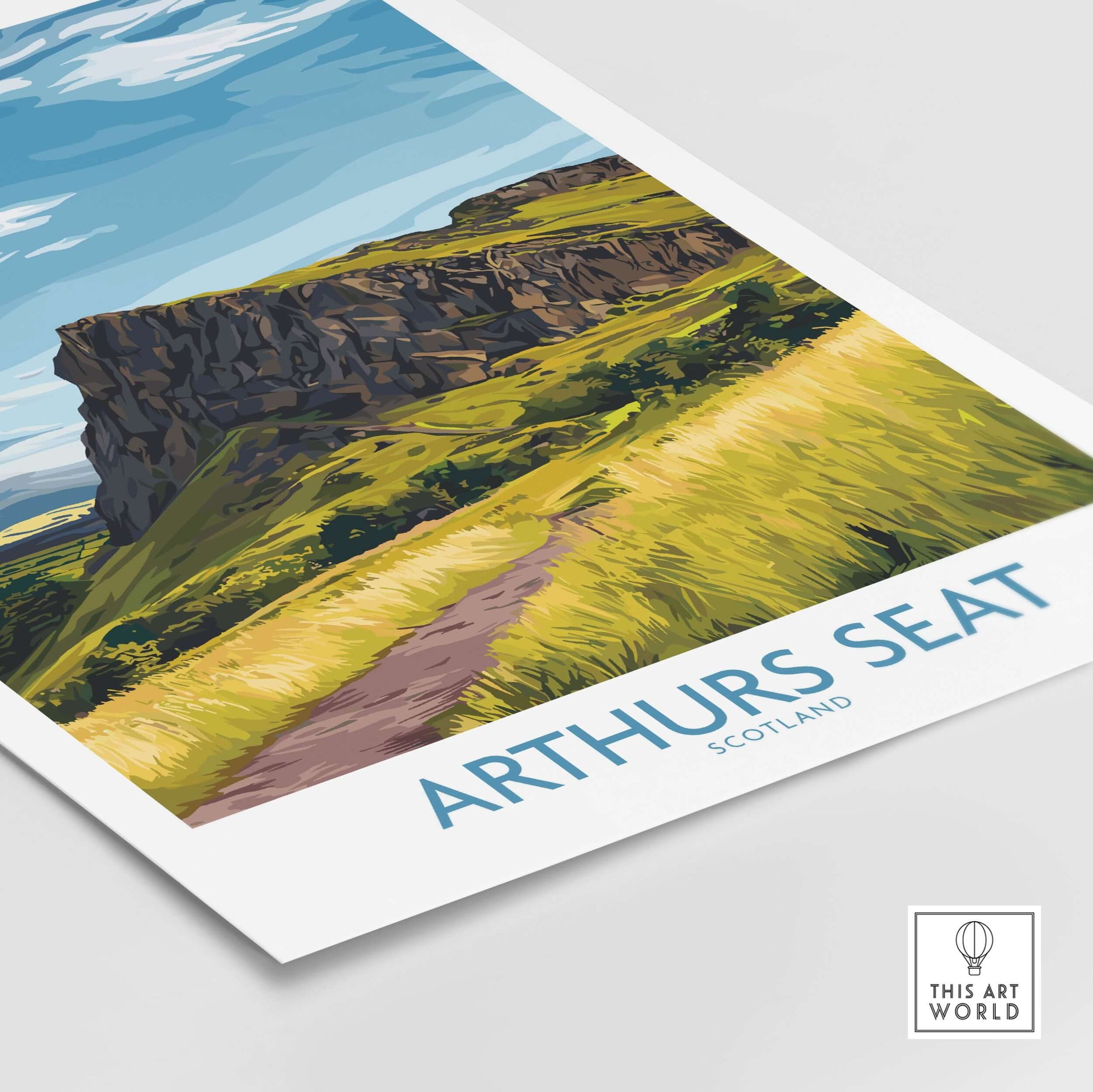 Arthurs Seat Scotland Wall Art Print featuring the iconic peak surrounded by lush green landscapes.