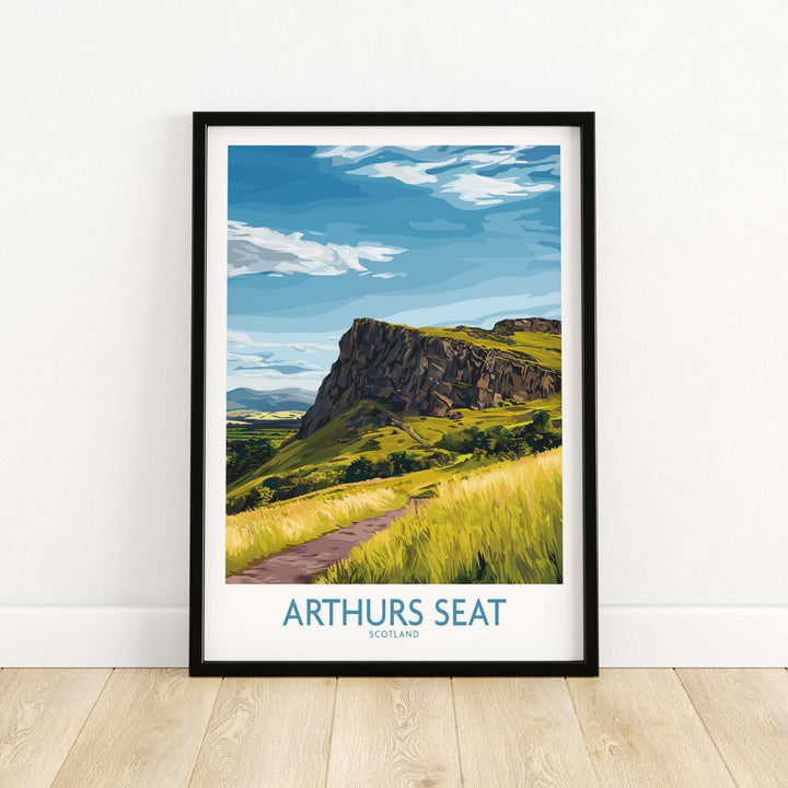 Framed wall art print of Arthurs Seat in Scotland, showcasing a vibrant landscape with a trail and scenic backdrop.