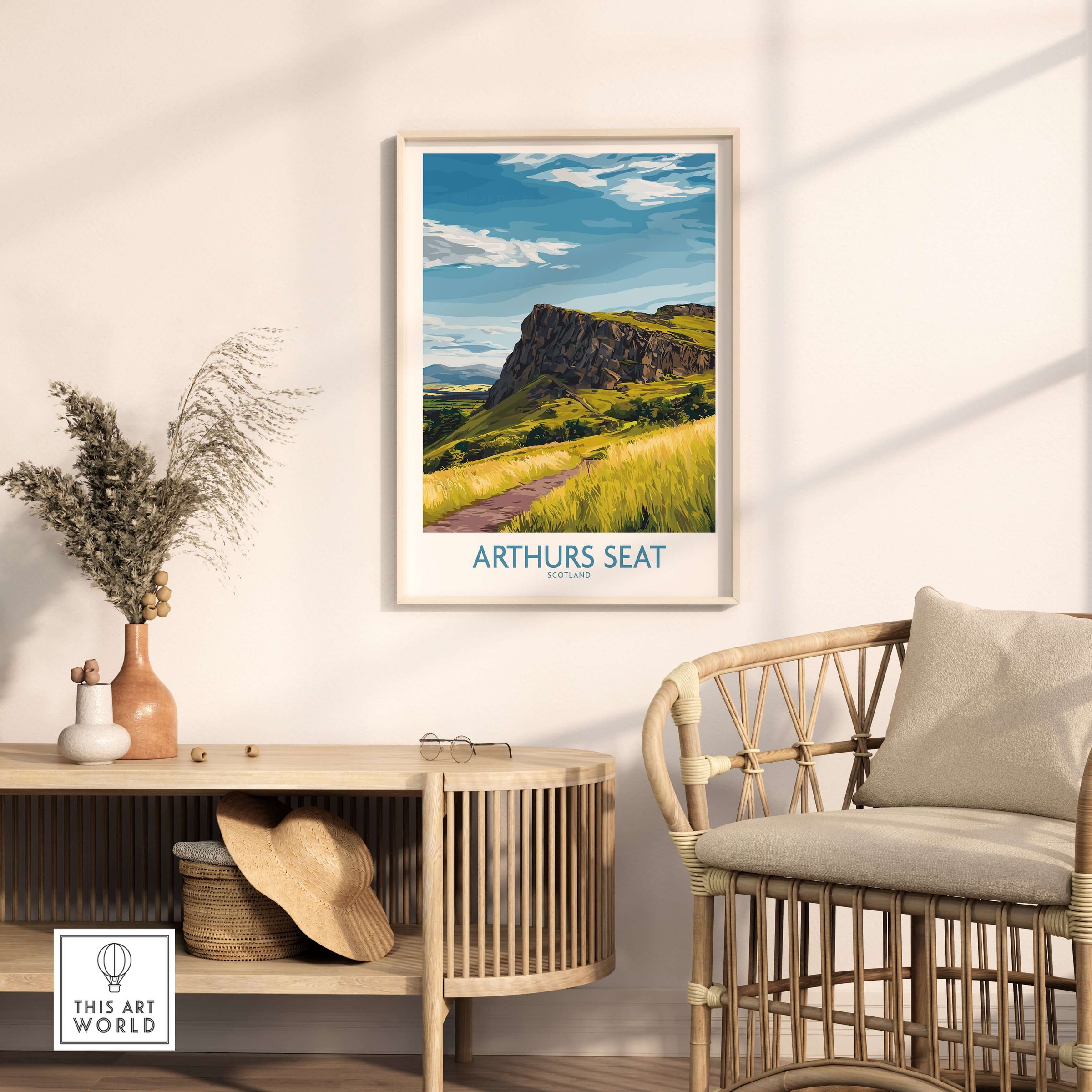 Arthurs Seat Scotland Wall Art Print displayed in a cozy living room setting with natural elements.