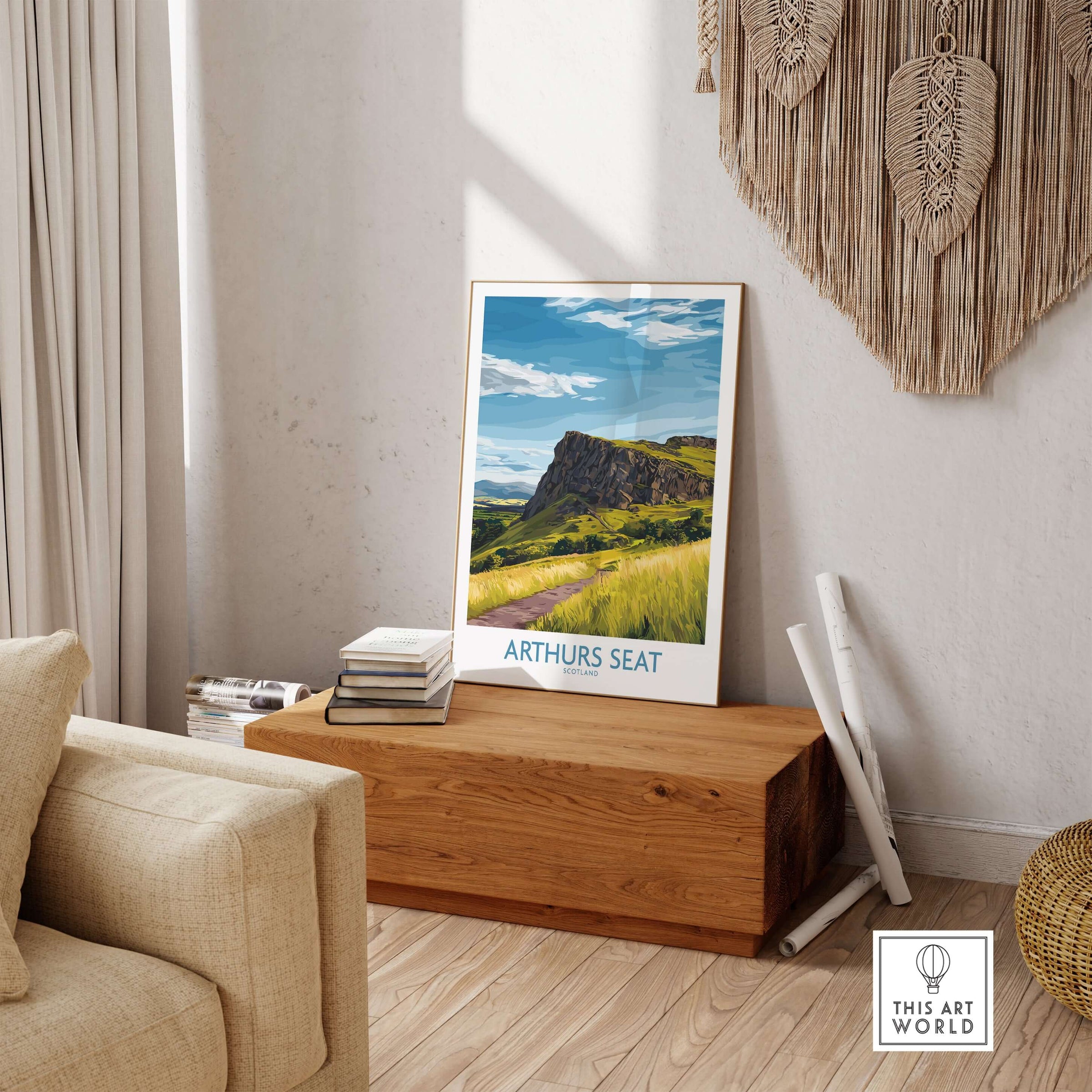 Arthurs Seat Scotland Wall Art Print displayed in a cozy living room setting on a wooden chest.