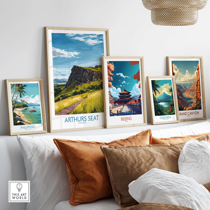 Framed Arthurs Seat Scotland wall art print among other travel prints in a stylish living room setting.