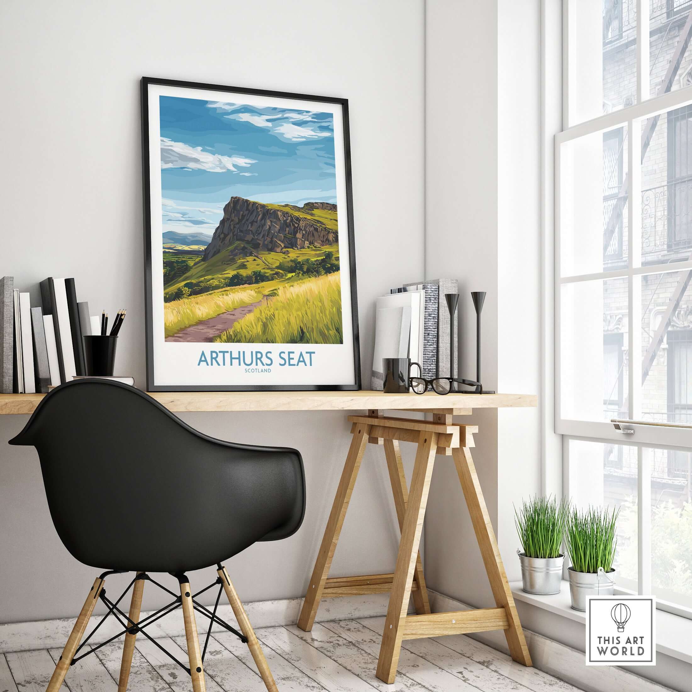 Arthurs Seat Scotland Wall Art Print displayed in a stylish interior with a black chair and wooden desk.
