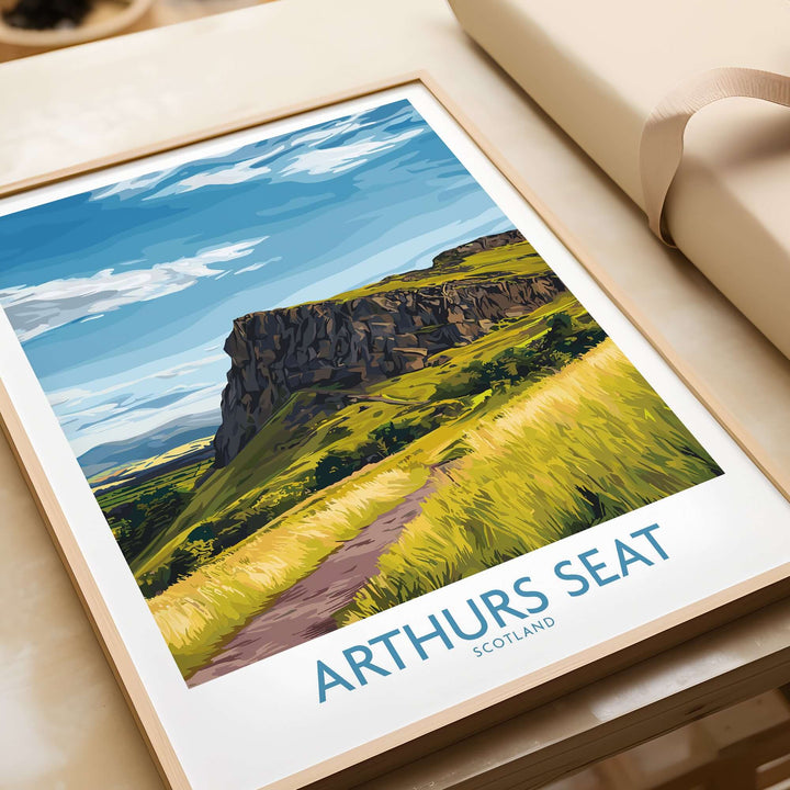 Arthurs Seat Scotland wall art print showcasing a vibrant landscape with mountains and grasslands.