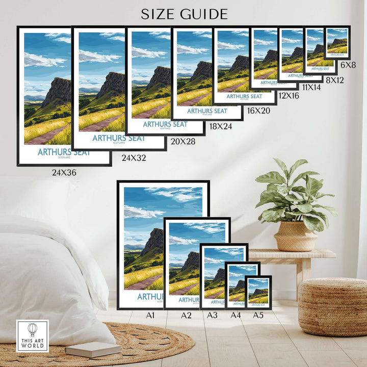 Wall art size guide featuring Arthurs Seat, showcasing various print sizes and styles for home or office decor.