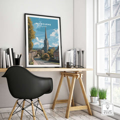 Ashbourne Art Print - English Countryside Wall Decor - Minimalist Travel Poster displayed in a stylish interior with desk and chair.