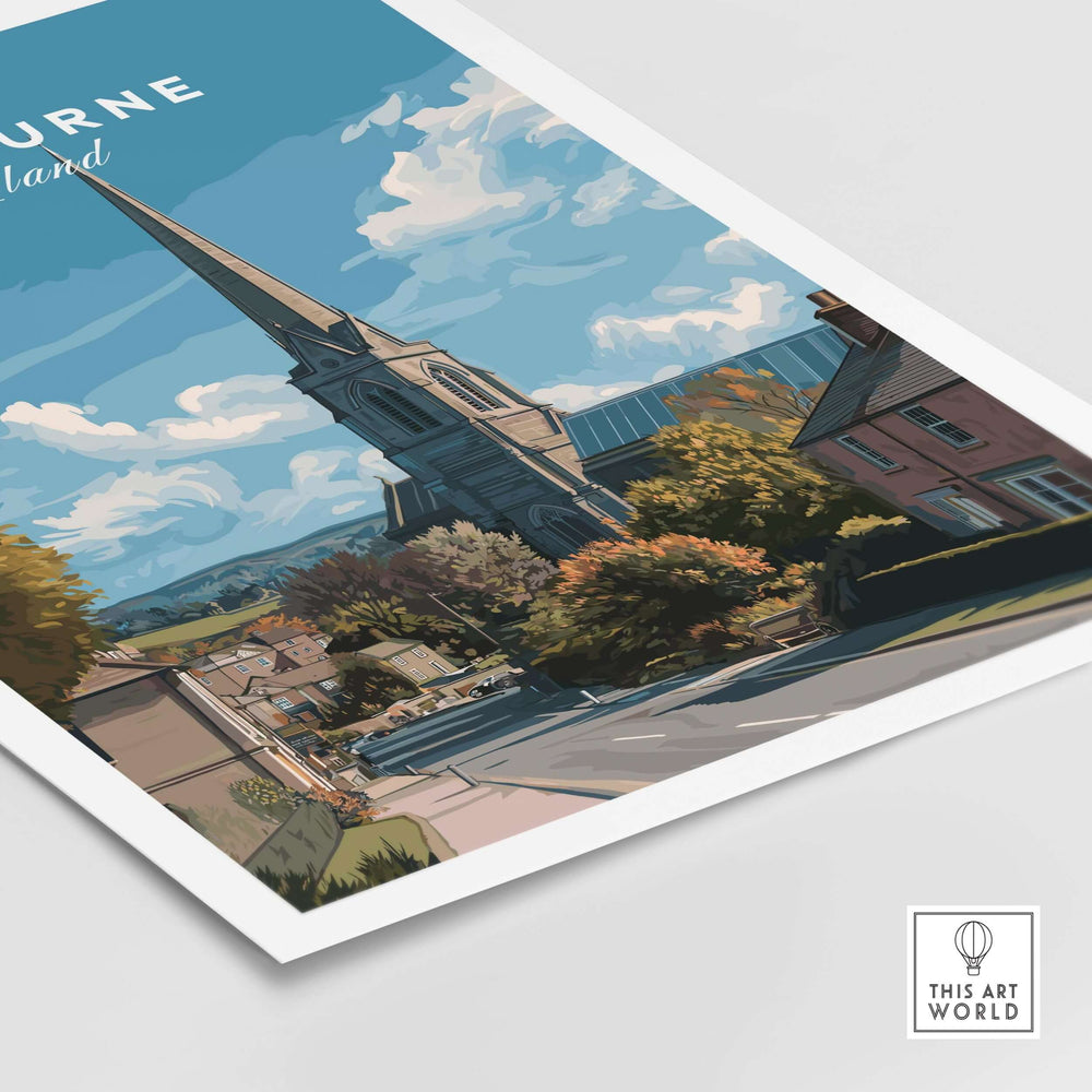 Ashbourne art print depicting the English countryside with a church and vibrant landscapes, perfect minimalist wall decor.