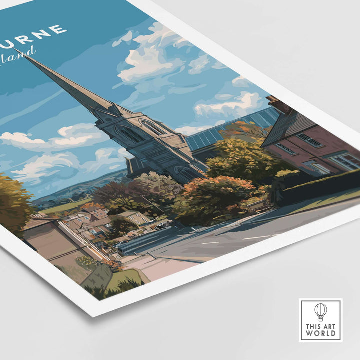 Ashbourne art print depicting the English countryside with a church and vibrant landscapes, perfect minimalist wall decor.