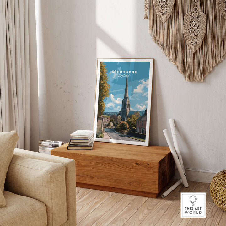 Ashbourne art print depicting English countryside; minimalist wall decor for serene home aesthetic.
