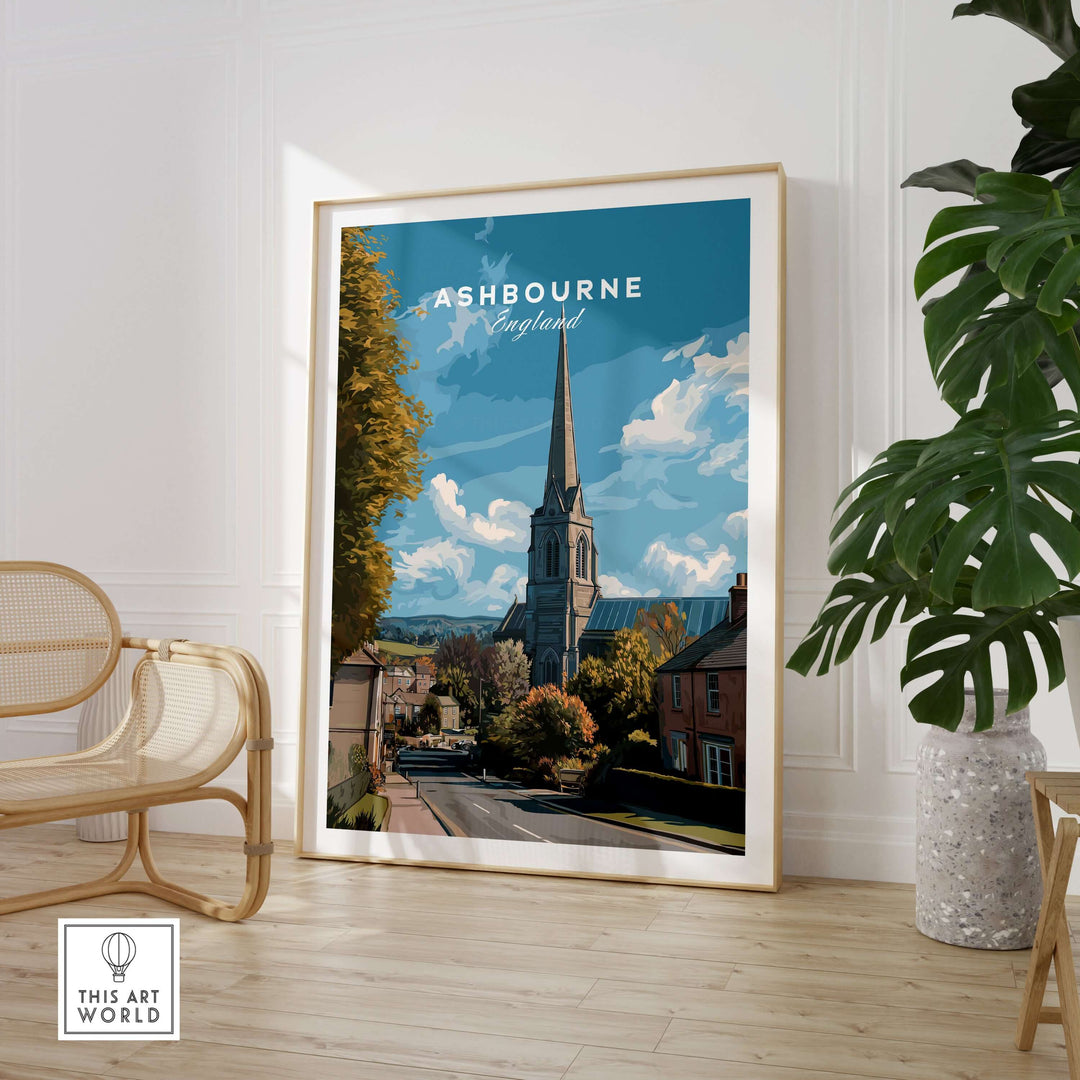Ashbourne art print showcasing English countryside landscape with church and trees, minimalist wall decor.