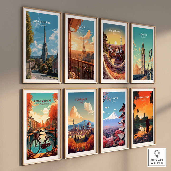 Collage of minimalist travel posters featuring Ashbourne, Paris, Barcelona, London, Amsterdam, Florence, Tokyo, and Angkor Wat.