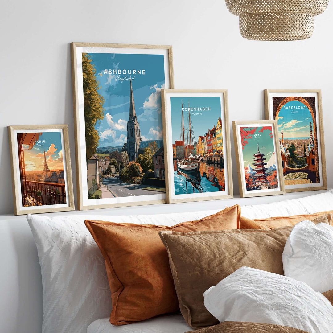 Ashbourne art print and travel posters framed on a stylish wall, showcasing minimalist decor and serene landscapes.