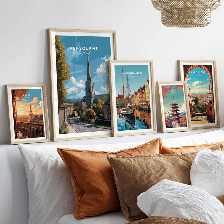 Ashbourne art print and travel posters framed on a stylish wall, showcasing minimalist decor and serene landscapes.