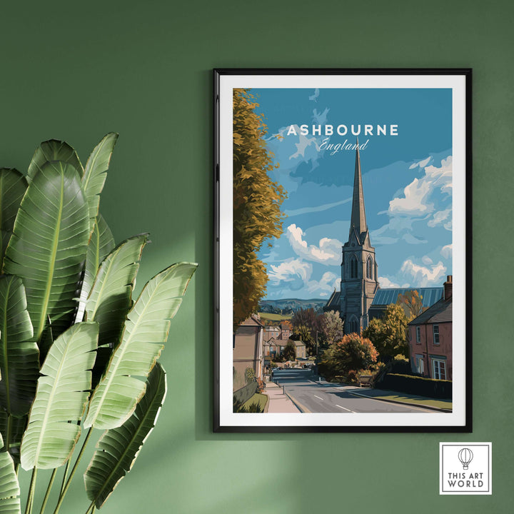 Ashbourne art print showcasing English countryside with serene landscapes and a church steeple, minimalistic wall decor.