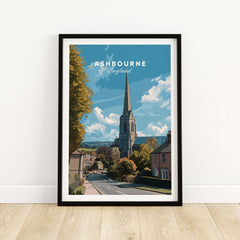 Ashbourne Art Print - English Countryside Wall Decor - Minimalist Travel Poster framed on a wall, showcasing tranquil English scenery.