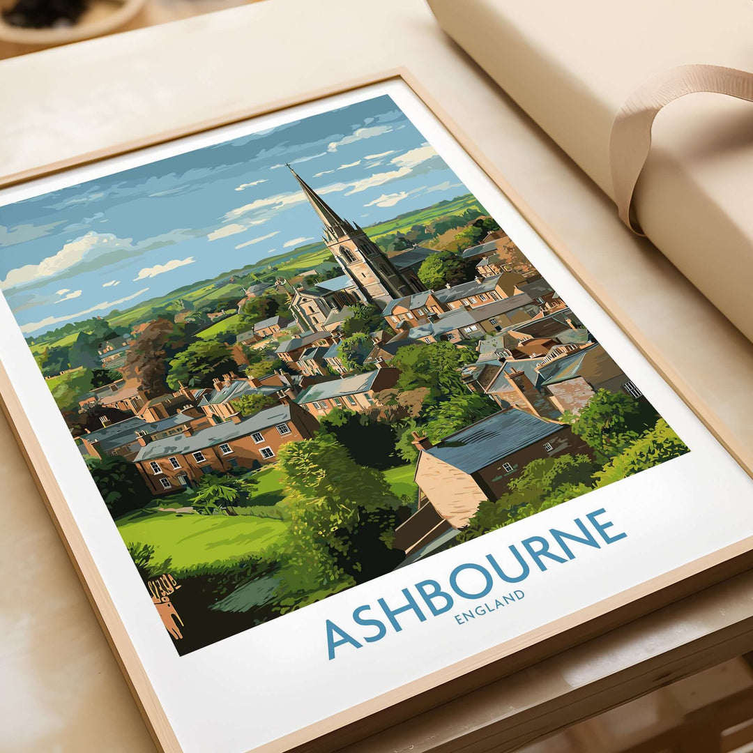 Ashbourne poster depicting the picturesque Derbyshire landscape with rolling hills and quaint cottages.