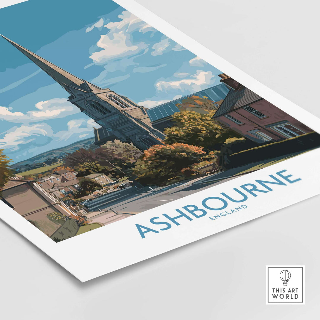 Ashbourne travel print featuring a church and village scene, showcasing Derbyshire's charm in A4 print format.