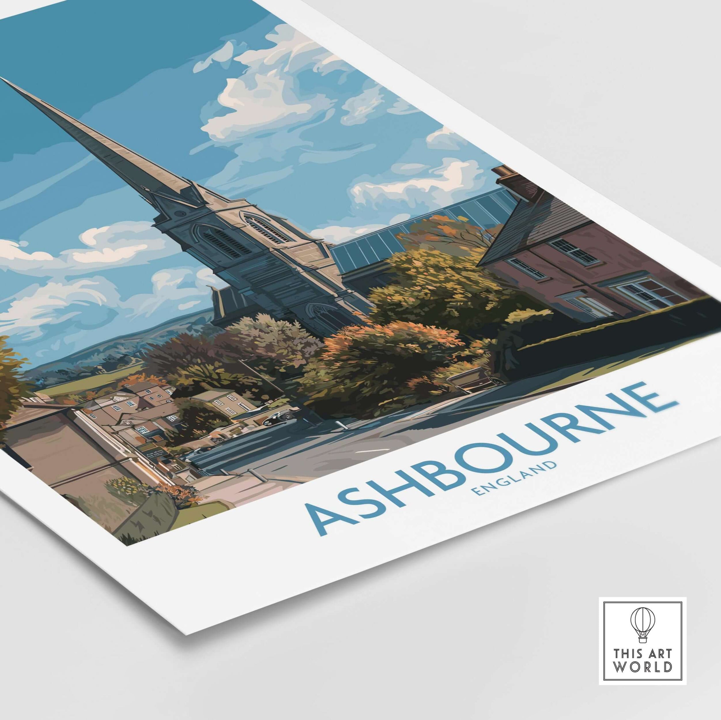 Ashbourne Poster - Derbyshire Travel Print - UK Village Art - A4 A3 A2 featuring a scenic view of Ashbourne, England.