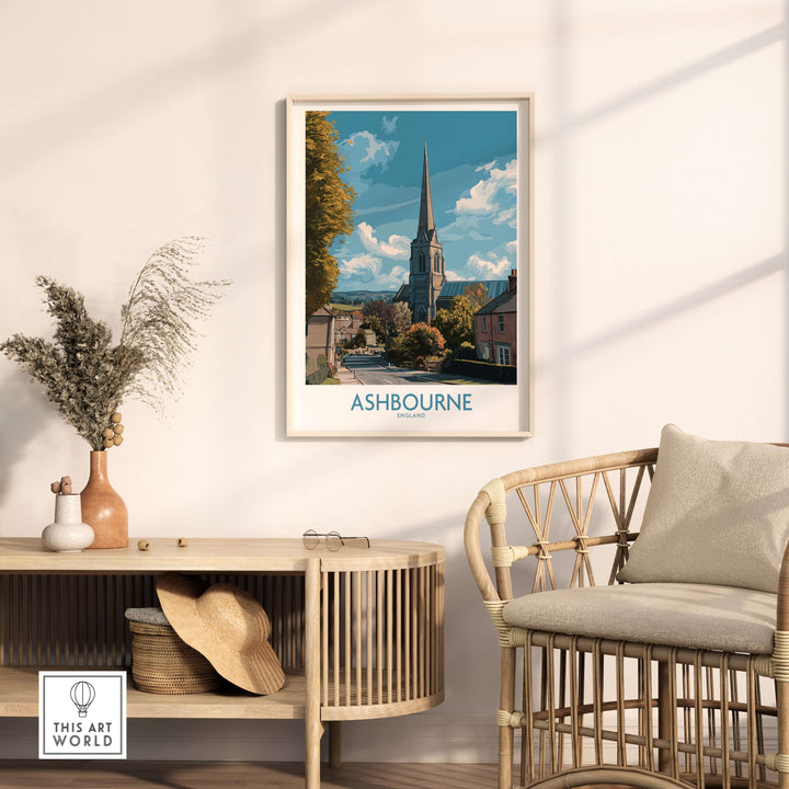 Ashbourne poster featuring a church steeple and quaint village scene, showcasing Derbyshire art in a stylish interior setting.