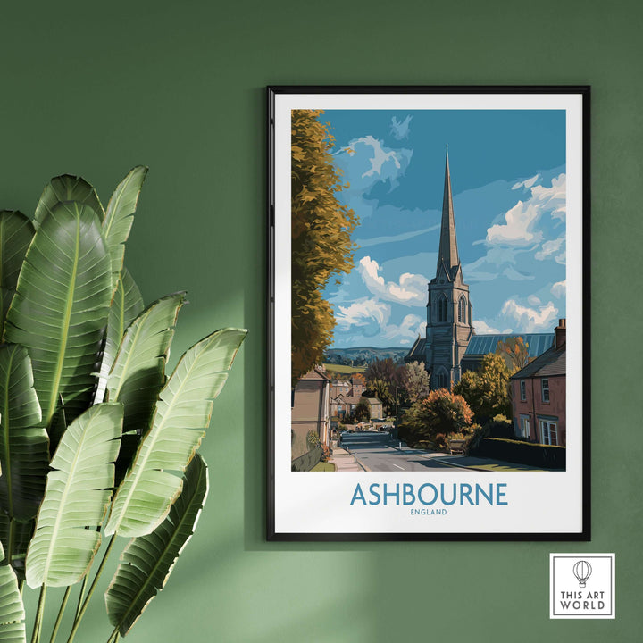 Ashbourne poster featuring a church and village scene, showcasing Derbyshire art in A4, A3, A2 sizes.