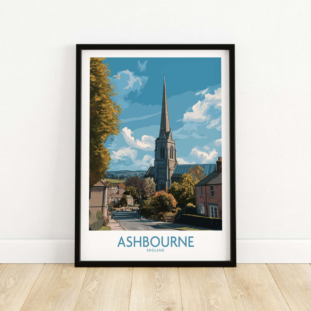 Ashbourne poster featuring a church steeple and vibrant scenery, ideal for UK village art lovers.