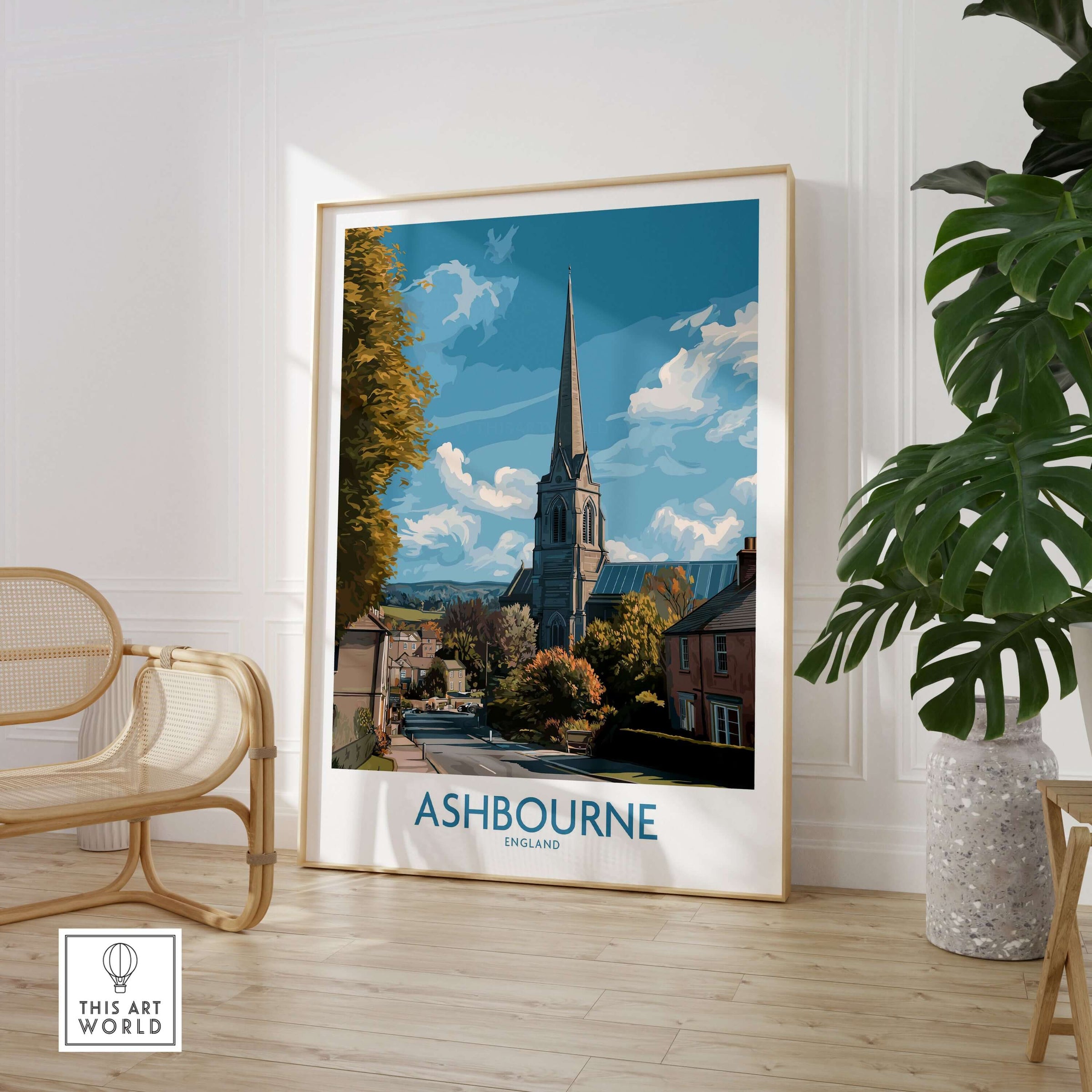 Ashbourne Poster - Derbyshire Travel Print - UK Village Art - A4 A3 A2 in a stylish interior setting featuring a church.