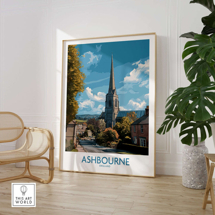 Ashbourne travel print showcasing Derbyshire's charm with a church and village scene in a stylish interior setting.