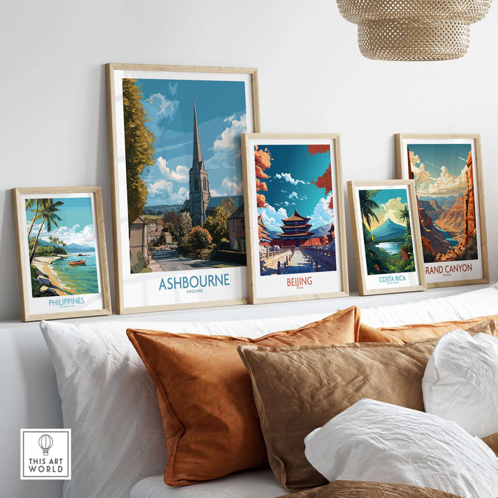 Collection of travel posters featuring Ashbourne, Beijing, Philippines, Costa Rica, and Grand Canyon in stylish frames.