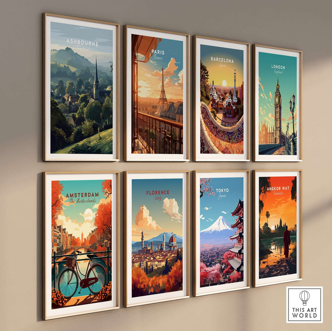 Gallery wall featuring travel posters of Ashbourne, Paris, Barcelona, London, Amsterdam, Florence, Tokyo, and Angkor Wat.