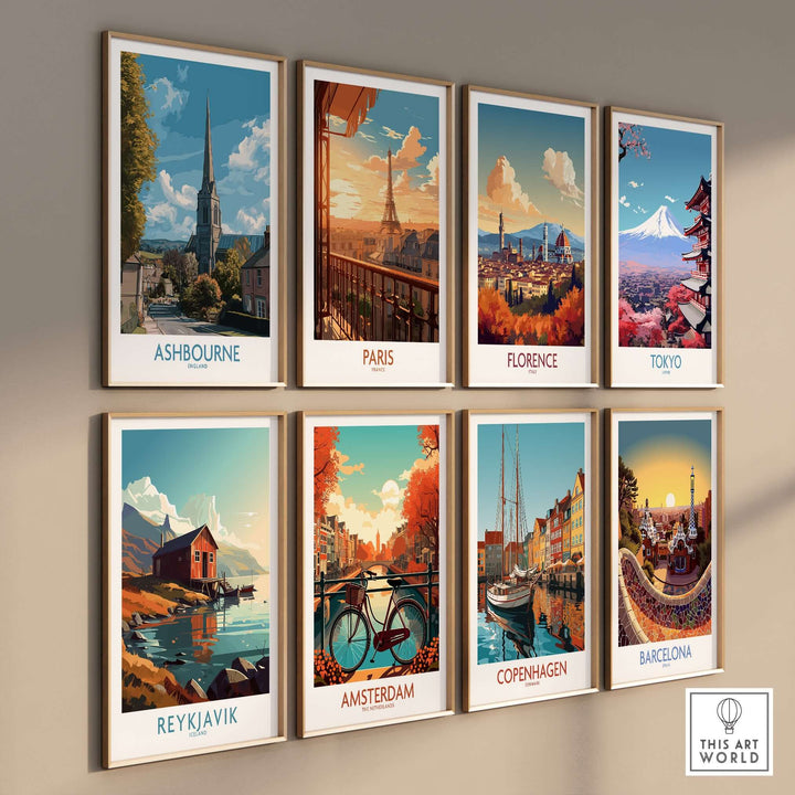 Collection of travel posters featuring Ashbourne, Paris, Florence, Tokyo, Reykjavik, Amsterdam, Copenhagen, and Barcelona.