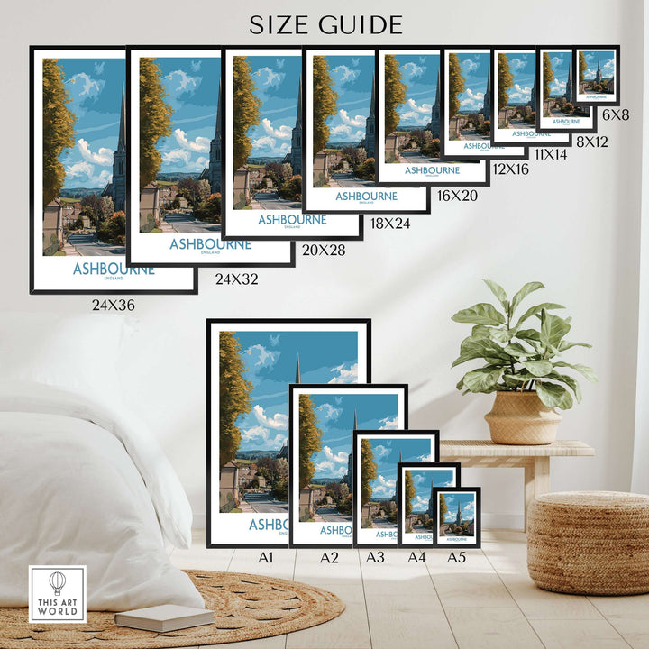 Size guide for Ashbourne poster prints in various dimensions, showcasing Derbyshire village art.