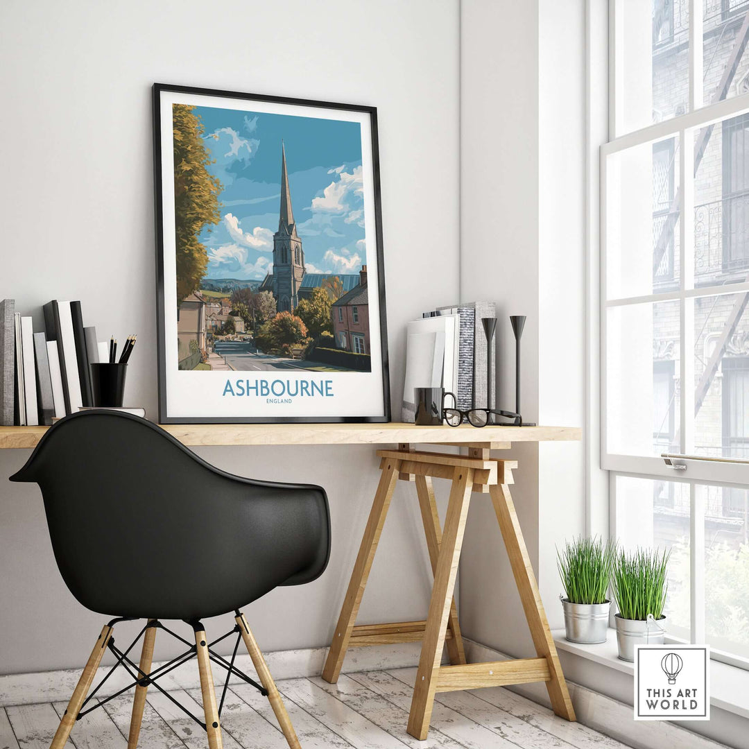 Ashbourne poster framed in a modern interior, showcasing Derbyshire village charm in A4 size.