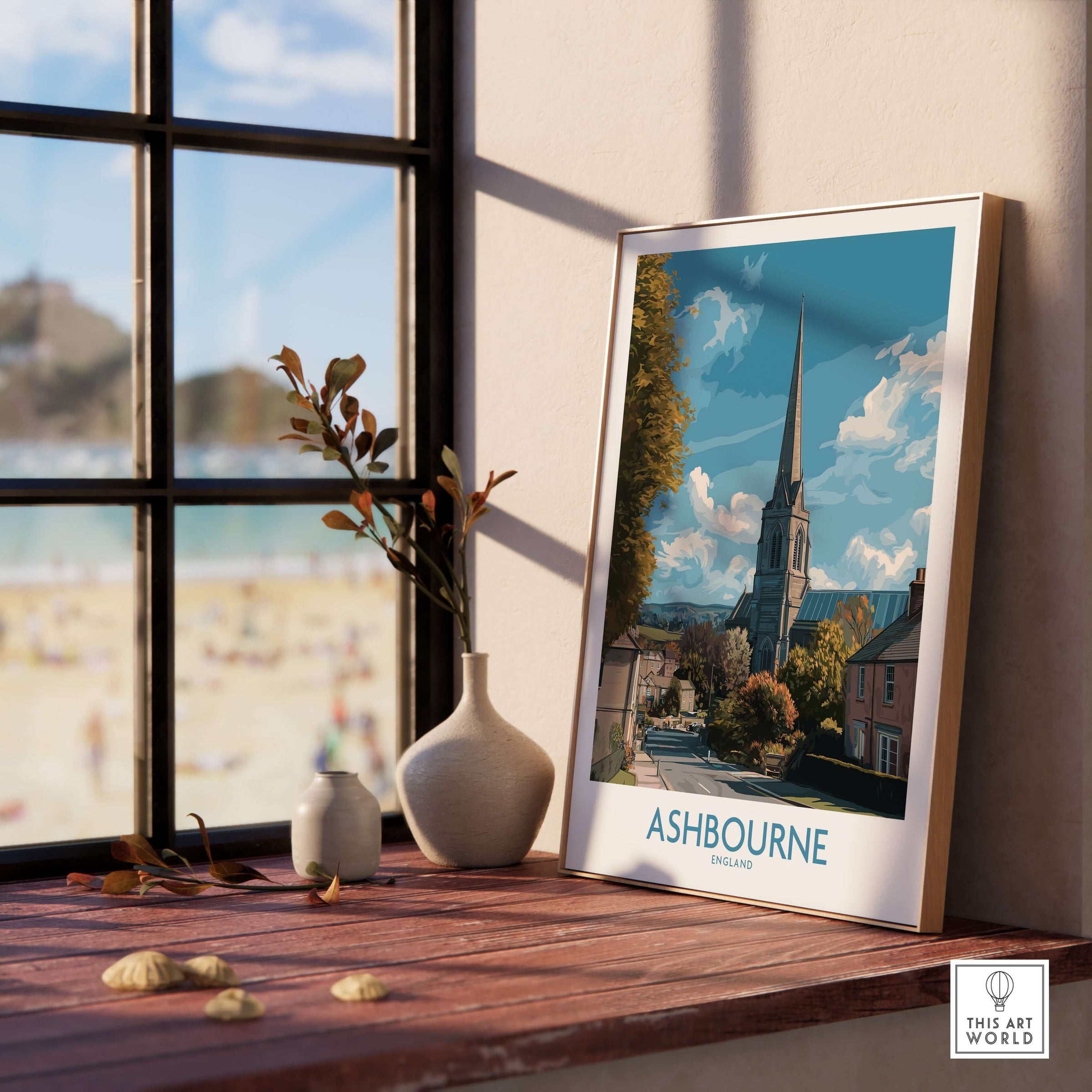 Ashbourne Poster - Derbyshire Travel Print - UK Village Art - A4 A3 A2 displayed in a sunny room with a view.
