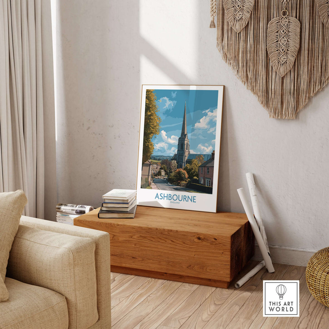 Ashbourne poster displayed in stylish home decor, showcasing Derbyshire village art in A4 size.