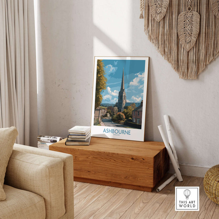 Ashbourne poster displayed in stylish home decor, showcasing Derbyshire village art in A4 size.