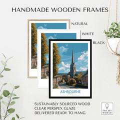 Ashbourne Poster - Derbyshire Travel Print - UK Village Art - A4 A3 A2 framed in handmade wooden frames.