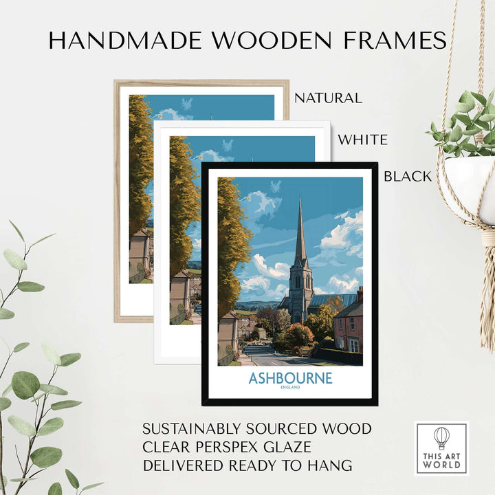 Handmade wooden frames in natural, white, and black styles for Ashbourne poster, crafted from sustainably sourced wood.