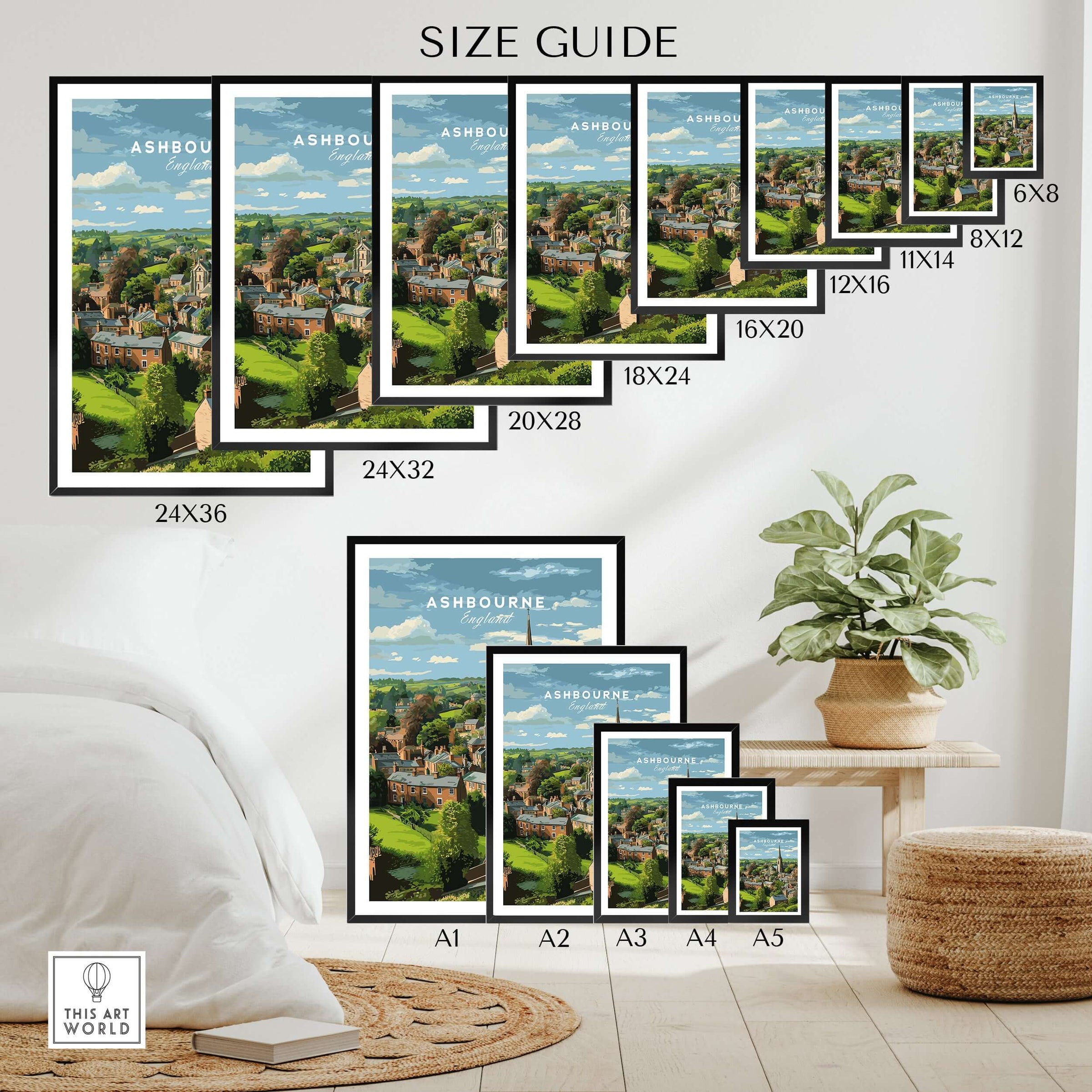 Ashbourne Print - Peak District Village Art - Rural England Travel Poster size guide with various frame options displayed.