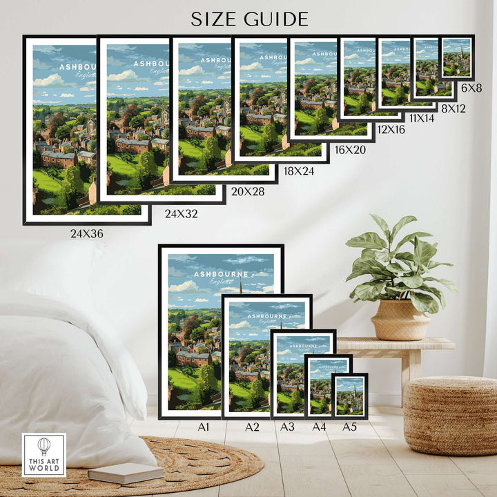 Ashbourne Print size guide showcasing various framed dimensions for Peak District village art poster.