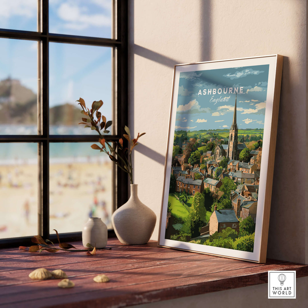 Ashbourne Print showcasing a picturesque Peak District village in a serene setting near a window.