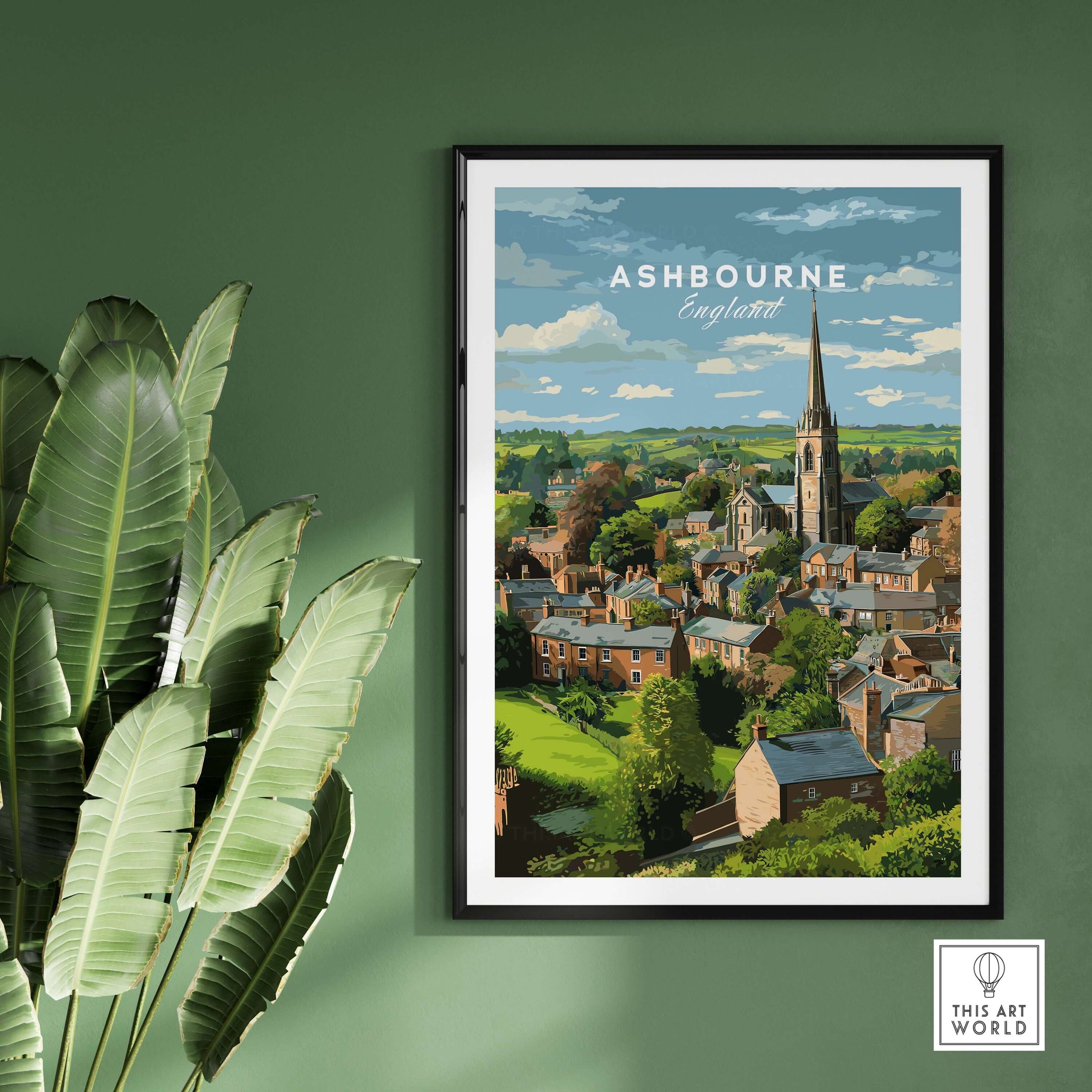 Ashbourne Print - Peak District Village Art - Rural England Travel Poster in a modern frame on green wall.