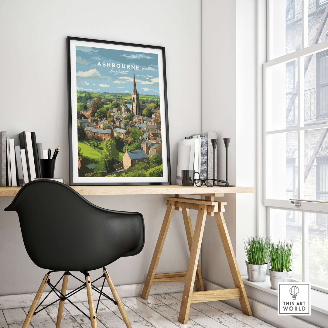 Ashbourne Print hanging on wall, showcasing Peak District's rural charm in a stylish home office setting.