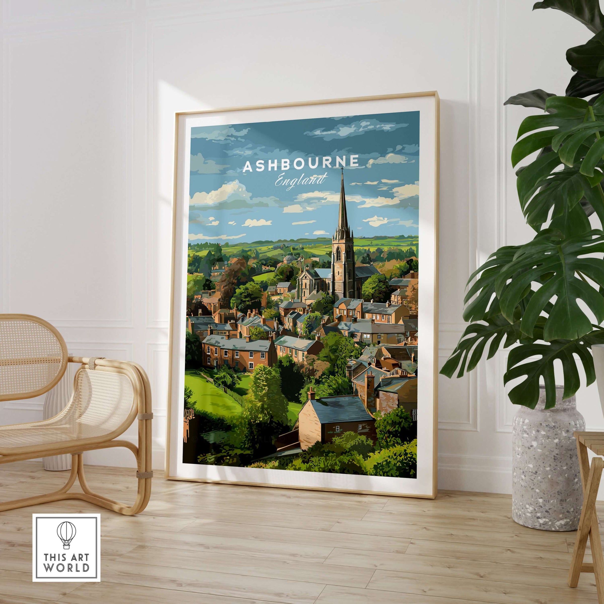 Ashbourne Print - Peak District Village Art - Rural England Travel Poster showcasing a scenic village landscape in England.