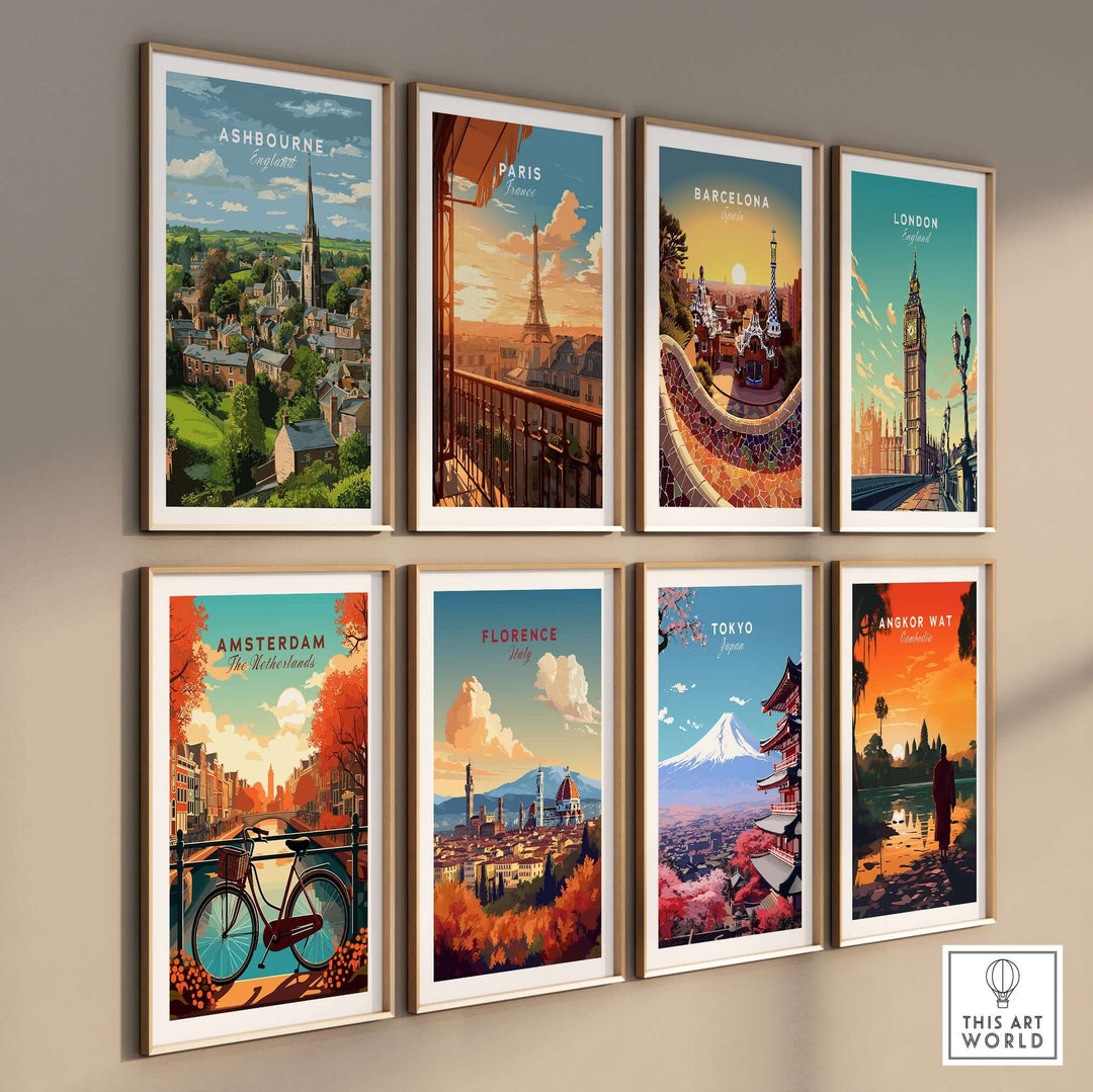 Gallery of travel posters featuring Ashbourne, Paris, Barcelona, London, Amsterdam, Florence, Tokyo, and Angkor Wat.