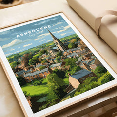 Ashbourne Print - Peak District Village Art - Rural England Travel Poster in a framed print showcasing scenic village landscape.