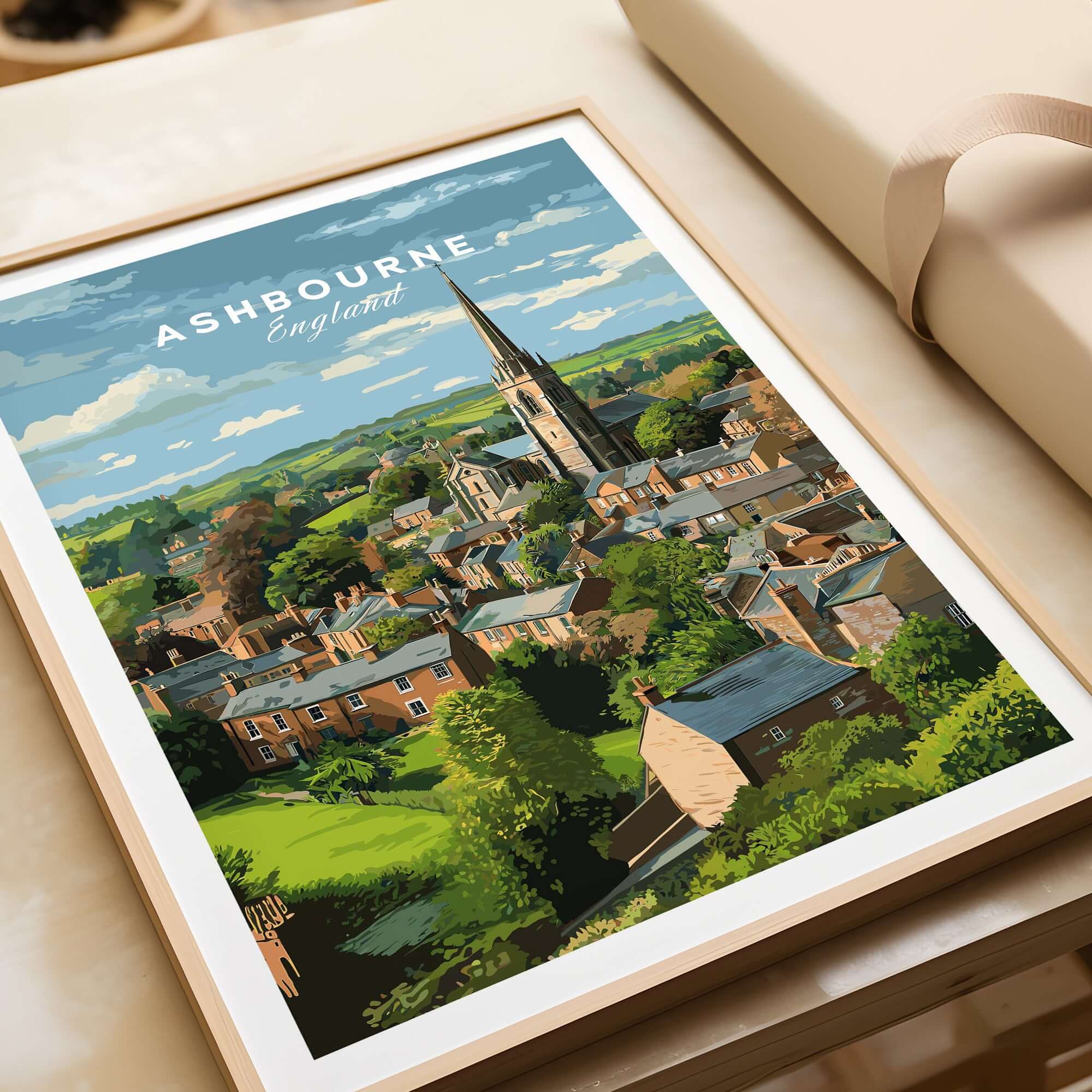 Ashbourne Print - Peak District Village Art - Rural England Travel Poster in a framed print showcasing scenic village landscape.