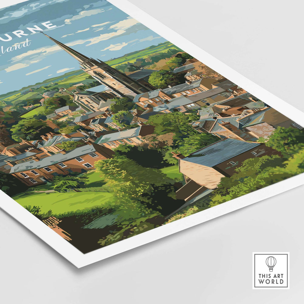 Ashbourne print showcasing picturesque Peak District village art in vibrant colors, perfect for travel and rural landscape lovers.