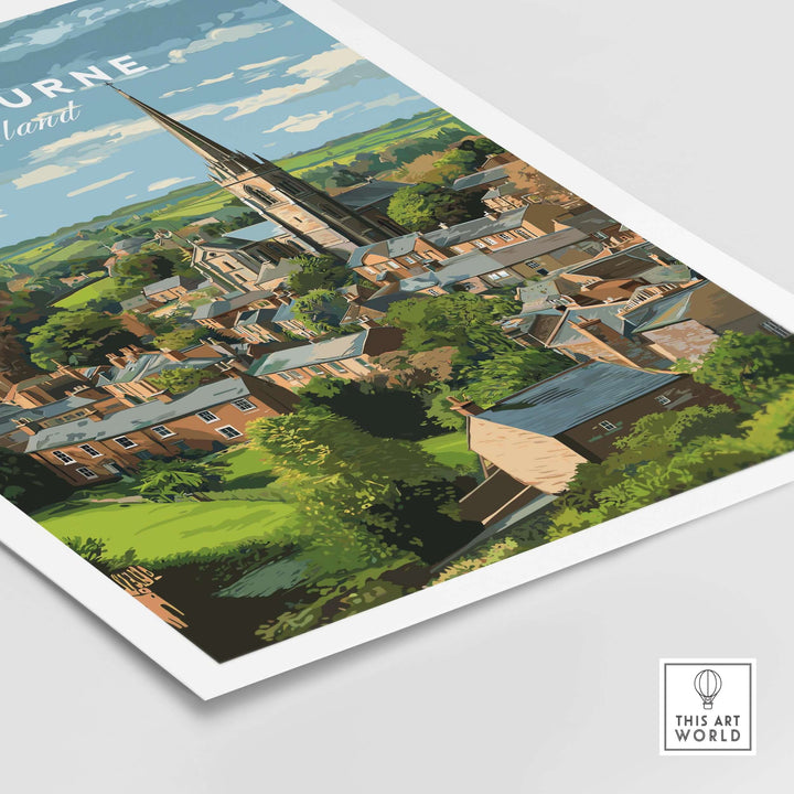 Ashbourne print showcasing picturesque Peak District village art in vibrant colors, perfect for travel and rural landscape lovers.