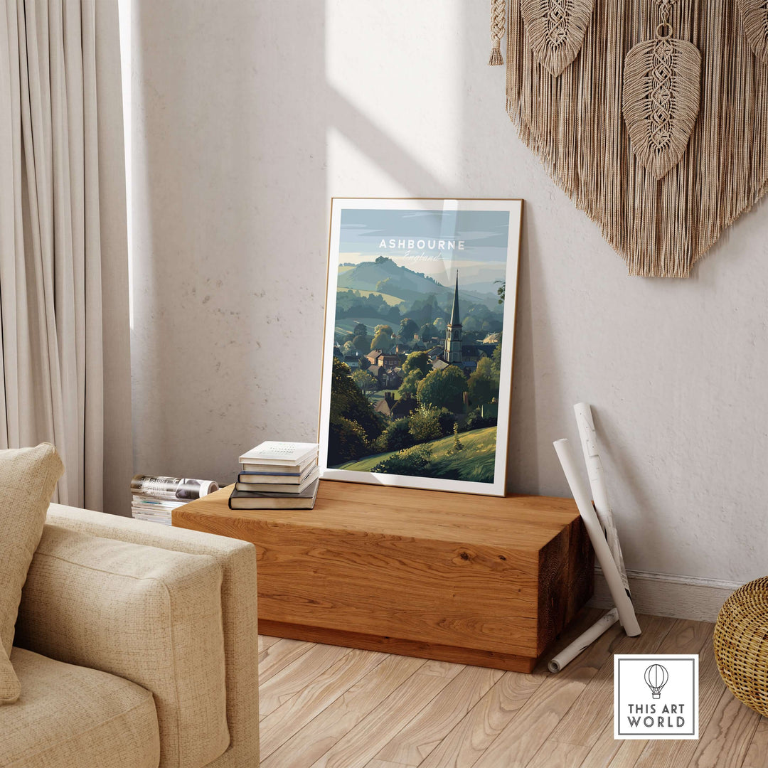 Ashbourne St Oswald's wall art in a cozy living room, showcasing rural England's serene village scene.